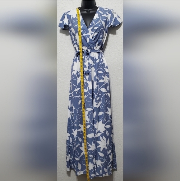 Estee Brown Blue Floral Belted Front Wrap Maxi Dress Small/Medium - Picture 10 of 13